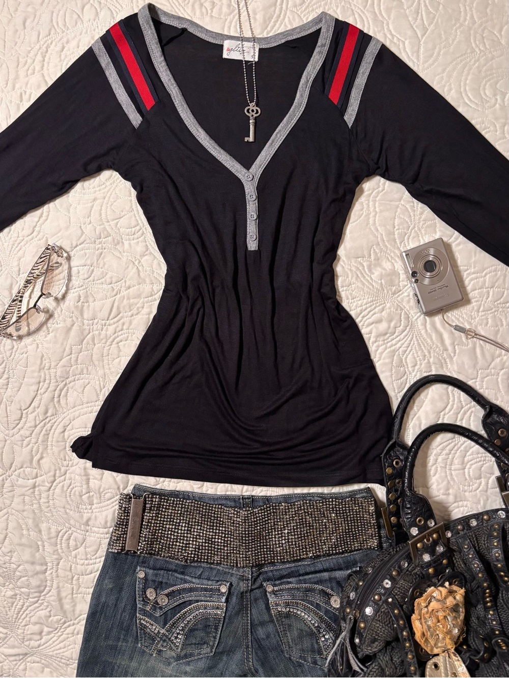 Women’s Black V-Neck Henley Top with Gray Trim and Red Shoulder Accents